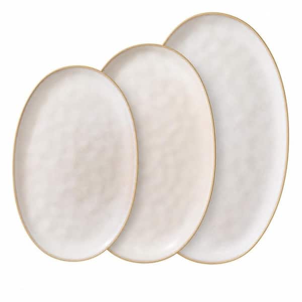 Modern 15.59 in. Cappuccino White Stoneware Oval Serving Platter (Set of 3) for Party and Turkey, Microwave Safe