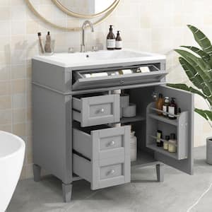 30 in. W x 18 in. D x 33 in. H Freestanding Bath Vanity in Gray with White Ceramic Top and Large Storage Cabinet