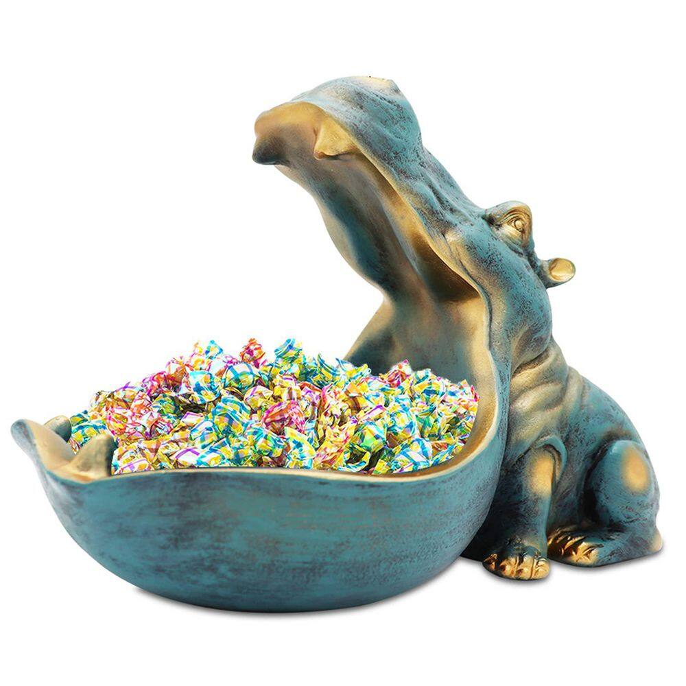 11.8 in. x 6.5 in. x 8.7 in. Dark Blue Hippo Statue Resin Decorative Bowl, 
