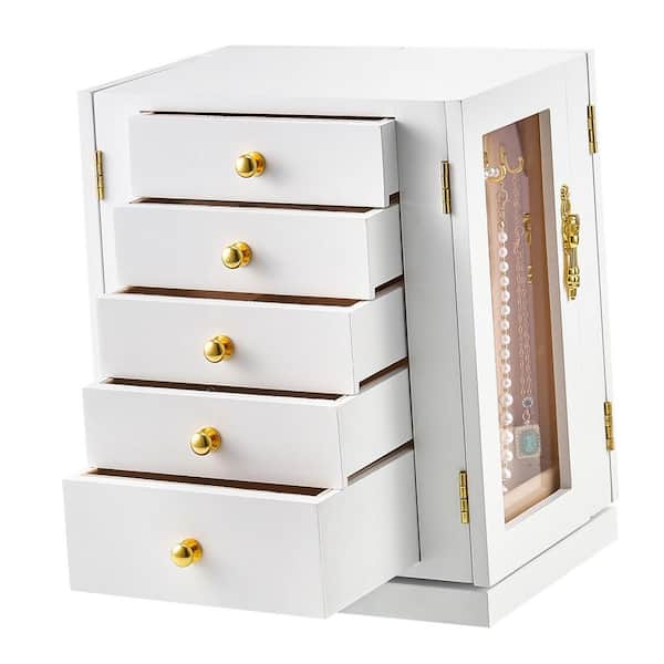 360° Rotating Jewelry Organizer, White Box with Acrylic Window, 5 Drawers, Hooks, Velvet Lining, Metal Handles
