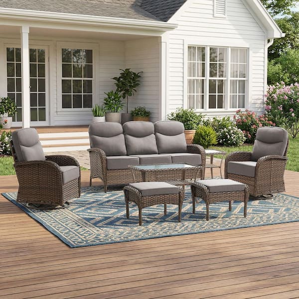 Moonridge 7-Piece Brown Wicker Patio Conversation Set with 6 in. Olefin Gray Cushions/Patio Swivel Chair with Sofa