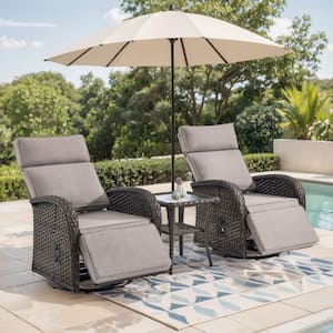 SleekArm Brown 3-Piece Wicker Outdoor Recliner with Olefin Beige Cushions and Side Table/ Patio Swivel Chairs