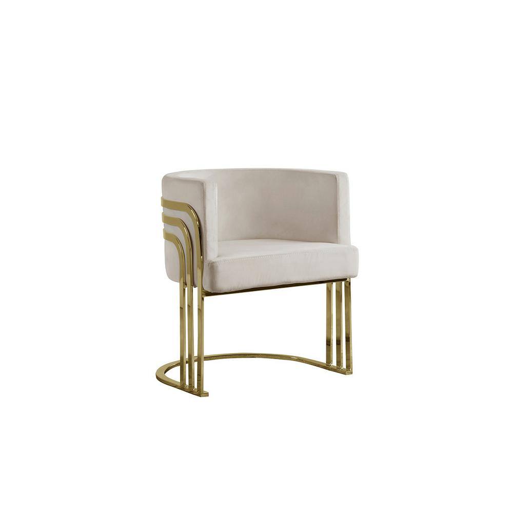 Beige Velvet Round Barrel Accent Chair with Gold Metal Frame