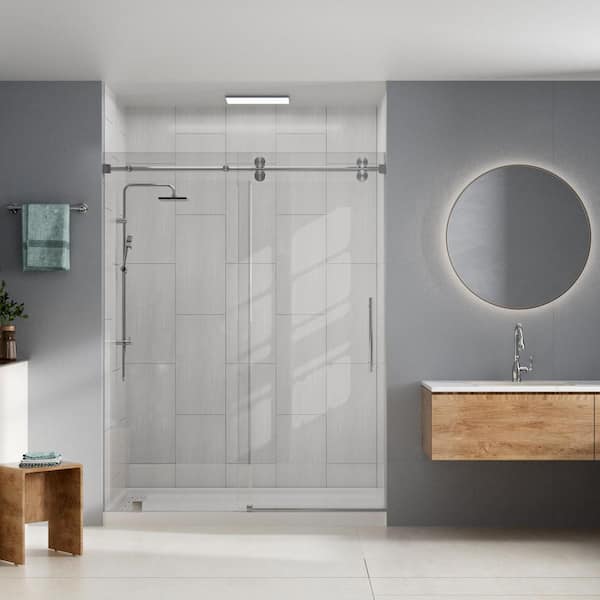 32 in. L x 60 in. W x 96 in. H Alcove Shower Stall/Kit Sliding Door Brushed Nickel with Right Drain and Big Brick Wall