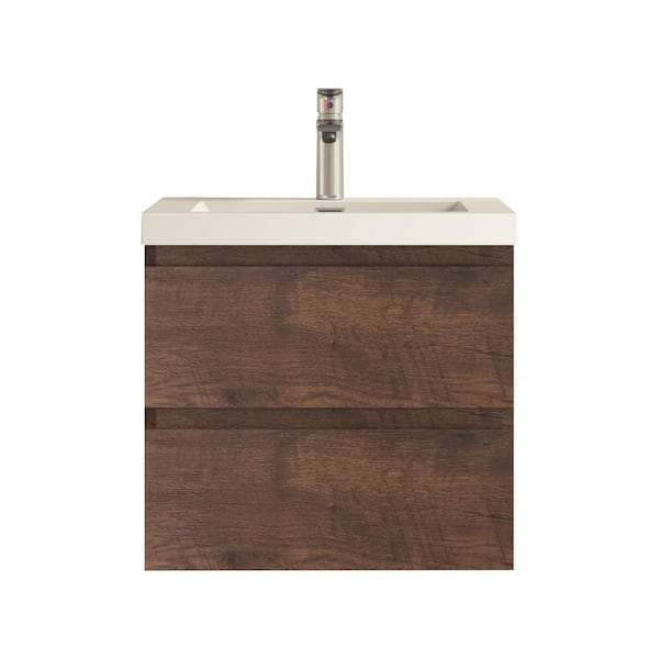 Angela 24 in. Single Rose Wood Bath Vanity Wall-mounted Floating Vanities with Gloss White Resin Stone Top 2 Drawers