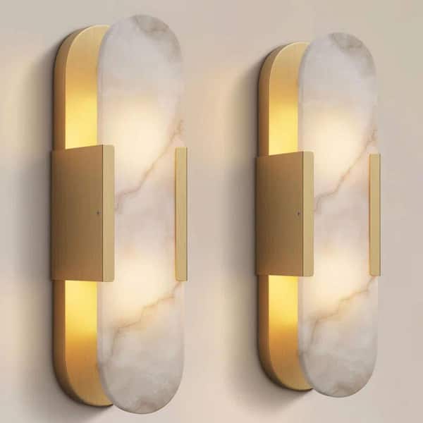 Gleam Flare 19.8 in. 2-Light Alabaster Gold Wall Sconce, Natural Marble Wall Light for Living Room, Dining Room, Bedroom (2-Sets)