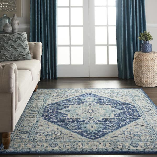 5' X 7' Ivory And Navy Blue Floral Medallion Distressed Area Rug