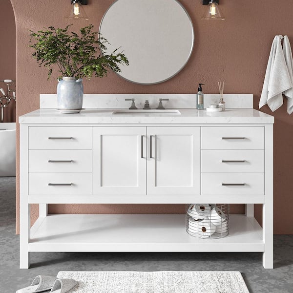ARIEL Magnolia 60 in. W x 22 in. D x 36 in. H Single Sink Freestanding Bath Vanity in White with Carrara Quartz Top