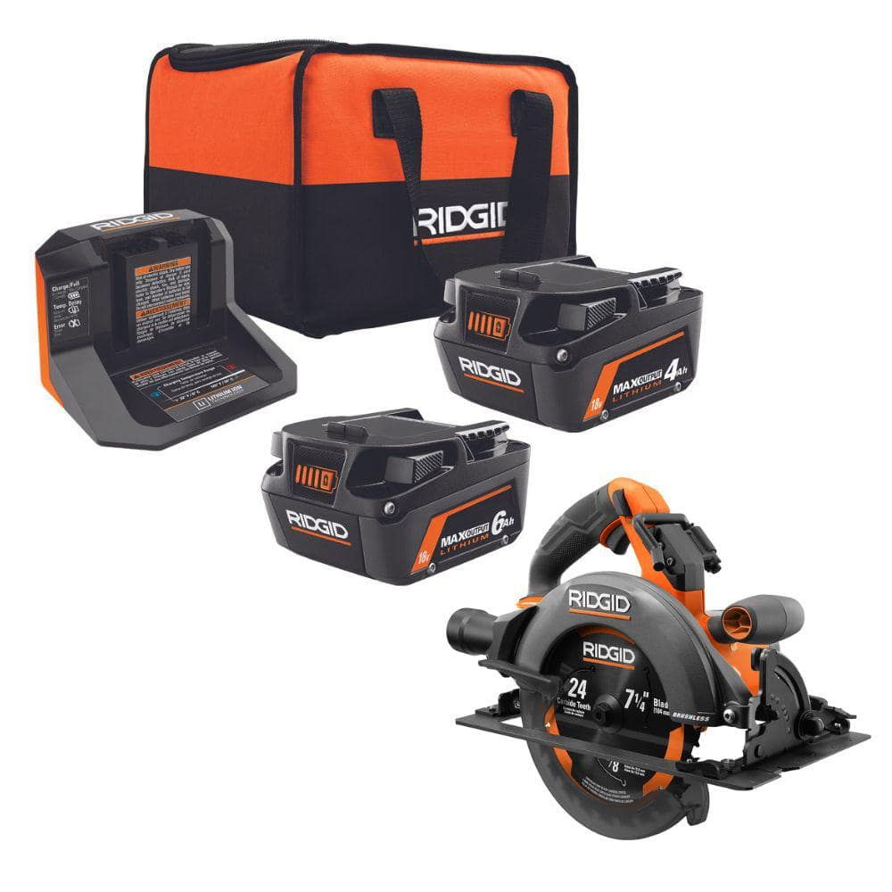 RIDGID 18V 6.0 Ah and 4.0 Ah MAX Output Lithium-Ion Batteries and Charger  Kit with Bag and 18V Brushless 7-1/4 in. Circular Saw AC840060SB1-R8657B  The Home Depot