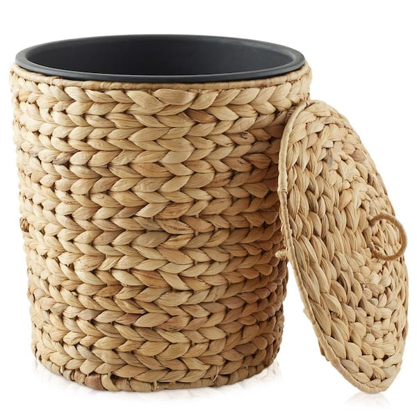 Casafield Brown Natural 10.5 in. x 13.75 in. Wicker Hyacinth Bathroom Trash Can Decorative Basket with Liner and Lid