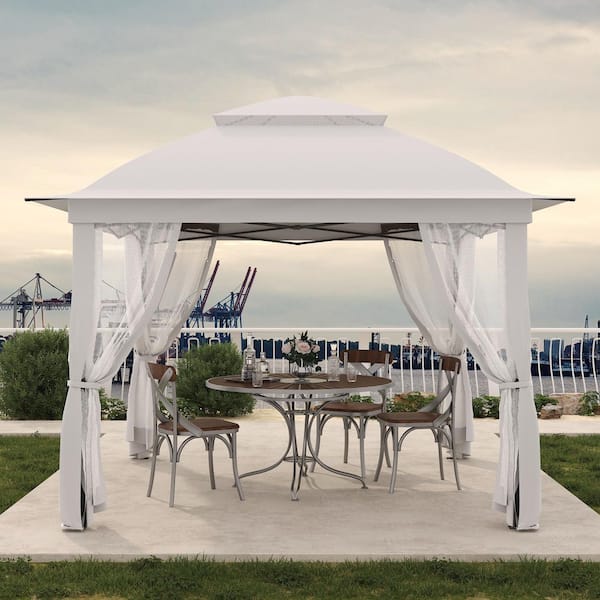 11 ft. x 11 ft. Pro Series Outdoor Instant Canopy Shelter Tent with Mosquito Netting Metal Frame Storage Bag, White