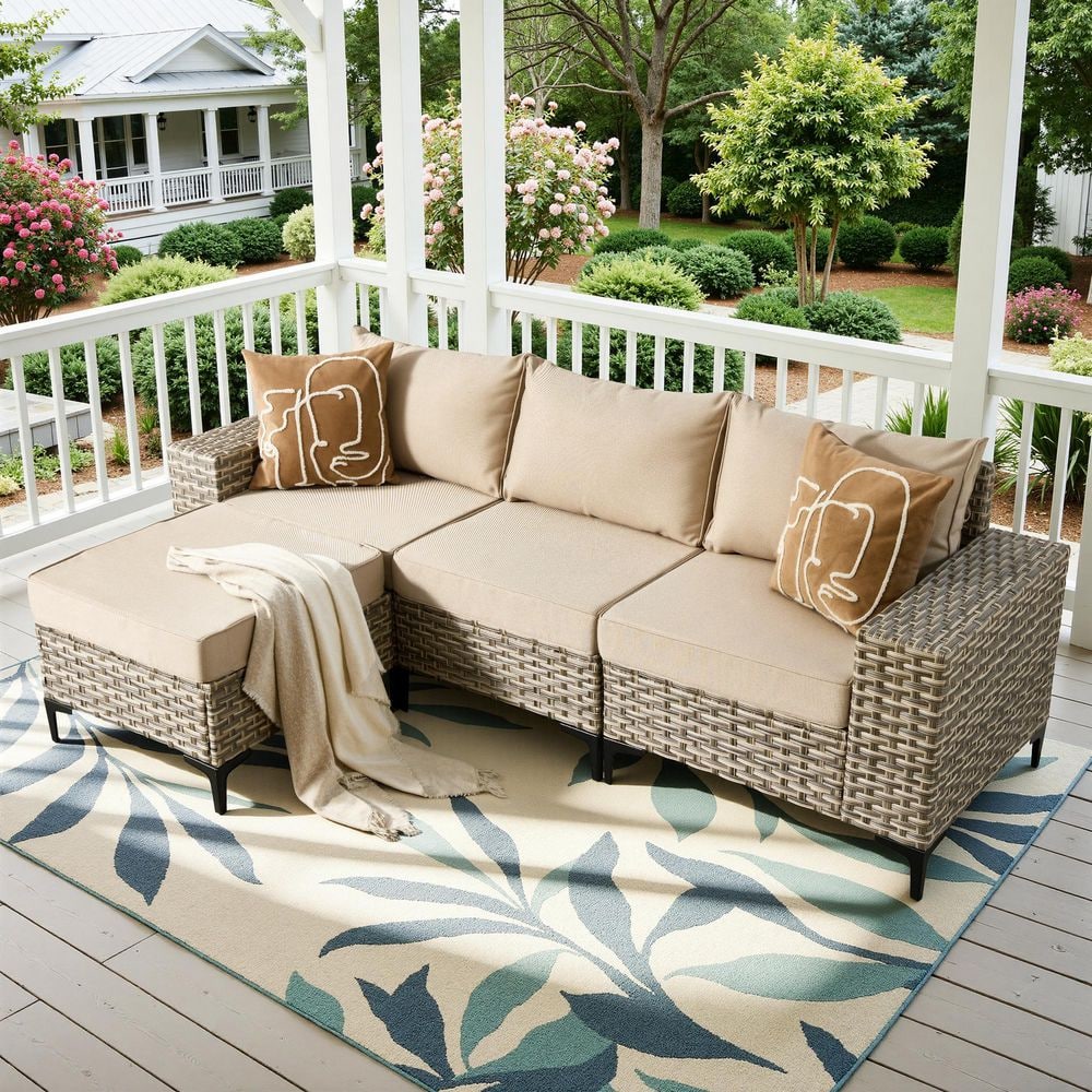4-Piece Patio Furniture Set All-Weather Sofa Set Gray Wicker Patio Conversation Set w/ Lights Table and Beige Cushion price history on PriceWatchPro