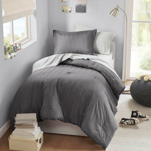 Logan 5-Piece Charcoal Polyester Twin/Twin XL Woven Striped Comforter Set