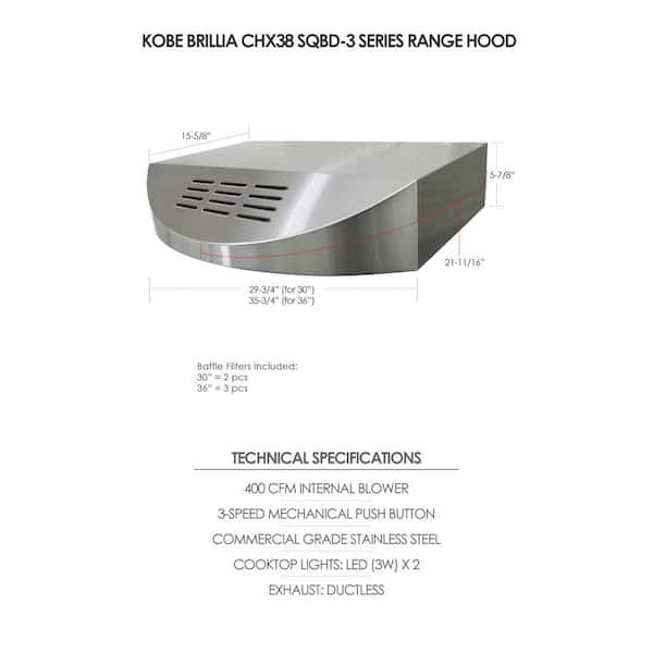 Kobe CHX3830SQBD-3 Brillia 30-Inch Ductless Under Cabinet Range Hood, 3-Speed, 400 CFM