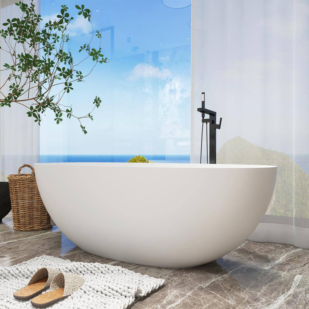 65" Matte White Stone Resin Freestanding Soaking Bathtub