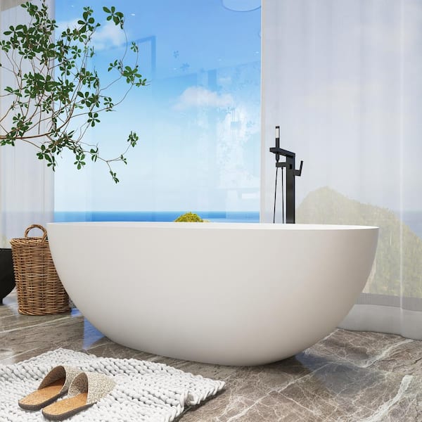 Unbranded 65 in. x 30 in. Handcrafted Stone Resin Freestanding Soaking Bathtub with Overflow in Matte White