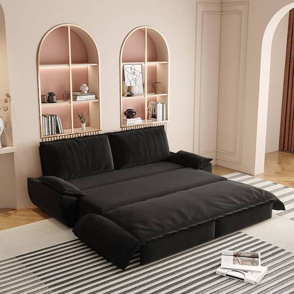 Harper & Bright Designs 3-in-1 Convertible Black 73.2 in. Soft Velvet Queen Size Sofa Bed with 2-Soft Pillows