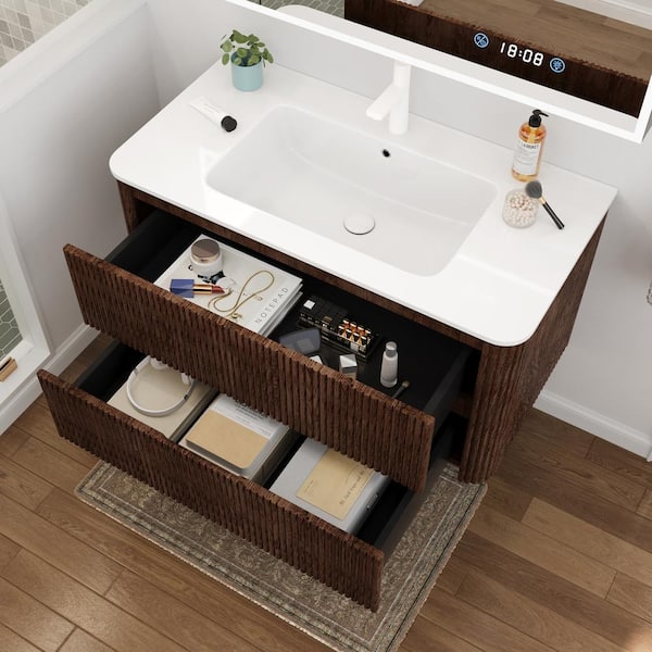 FAMYYT 36 in. W Floating Bathroom Vanity in Brown Walnut