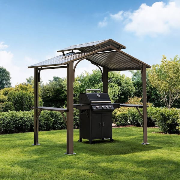 Brown 8 ft. x 5 ft. Outdoor Hardtop Grill Gazebo with Galvanized Steel Double Roof, 2 Side Shelves and Ceiling Hook