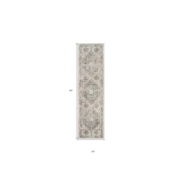 8' Cream and Gray Floral Distressed Runner Rug
