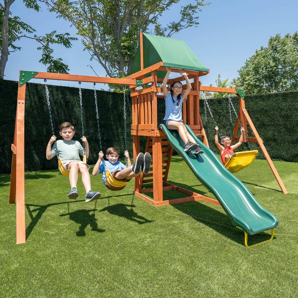 Sherwood Brown Wood Swing Set with Slide and Fort