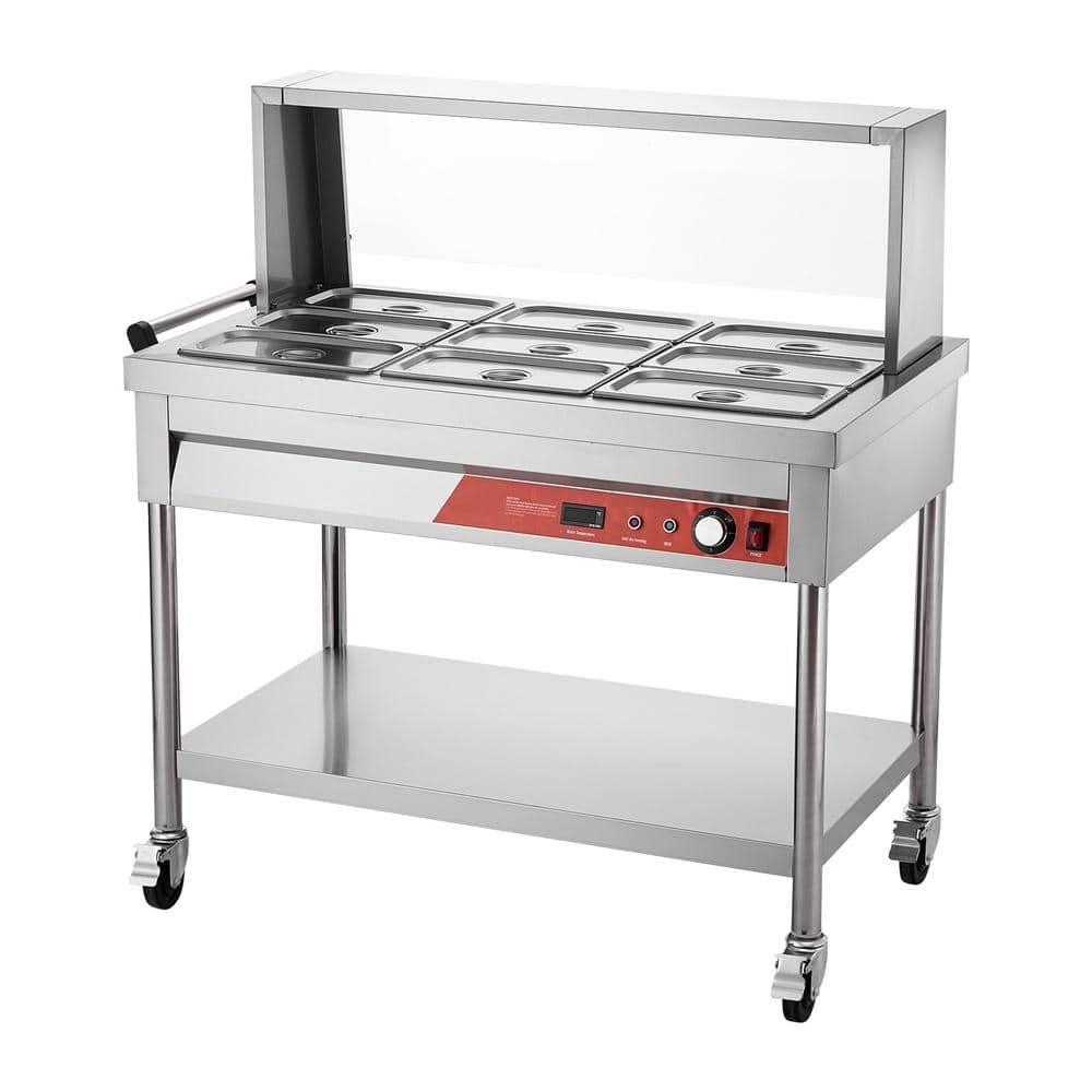 Commercial Food Warmer 9-Pan Steam Table 1500W Buffet Server 86-190 F with Sneeze Guard and Wheels