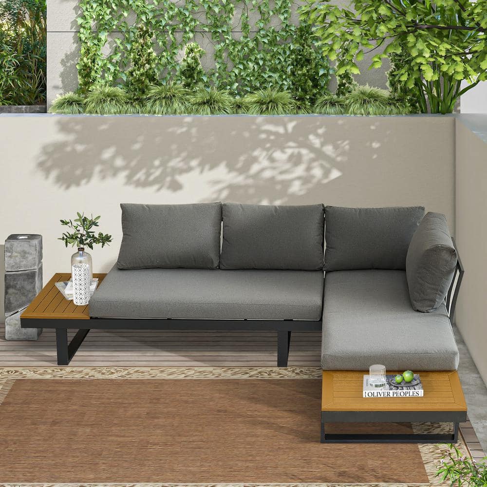 3-Piece Outdoor Aluminum L-Shaped Furniture Set with Plastic Wood Side Tabl