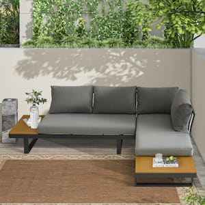 3-Piece Outdoor Aluminum L-Shaped Furniture Set with Plastic Wood Side Table and Gray Cushion for Backyard Garden