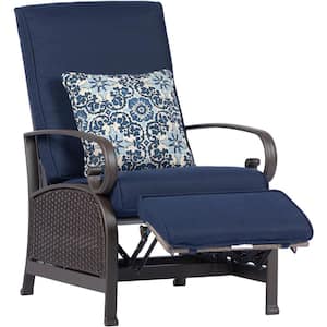 Madrid Wicker Outdoor Adjustable Recliner with Navy Cushions, All-Weather Wicker, Thick Cushions