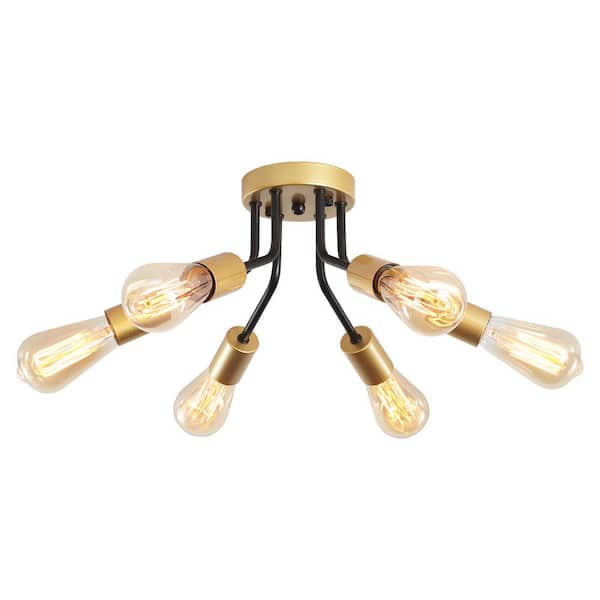 ZJVAIVE 14.76 in. 6-light Matte Black/Golden Modern Linear Semi-Flush Mount for Foyer with No Bulbs Included