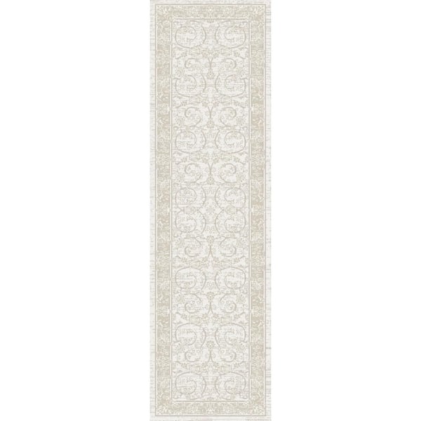 Dekor Ivory Taupe 2 ft. x 8 ft. Medallion Traditional Runner Area Rug