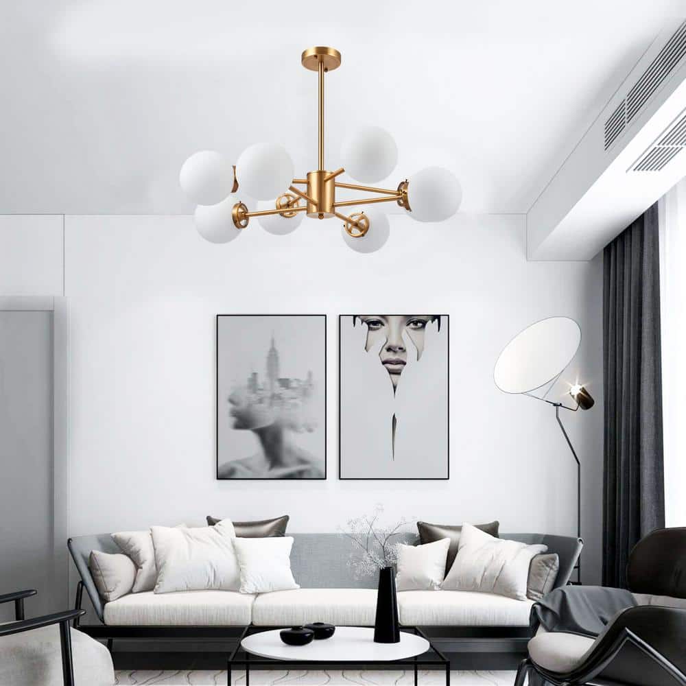 Modern Brass 8-Light Sputnik Chandelier with White Opal Glass