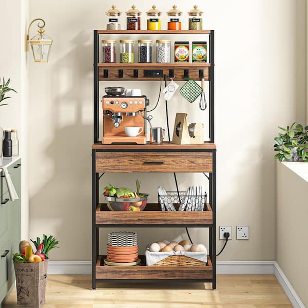 Bachel Vintage Brown 5+ Shelf Wood 31.5 in. W Baker's Rack with Power and USB Outlets, Microwave Oven Stand with Drawer