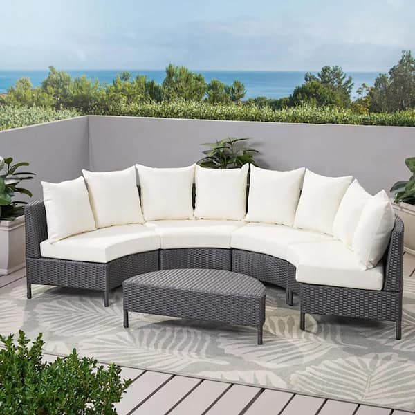 Unbranded Wicker 5-Piece Outdoor Sectional Set with Cushion Guard White Cushions