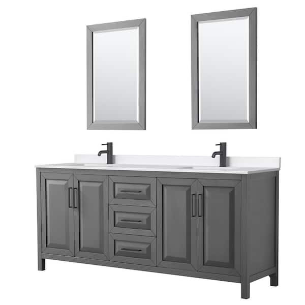 Wyndham Collection Daria 80 in. W x 22 in. D x 35.75 in. H Double Bath Vanity in Dark Gray with White Quartz Top and 24 in. Mirrors