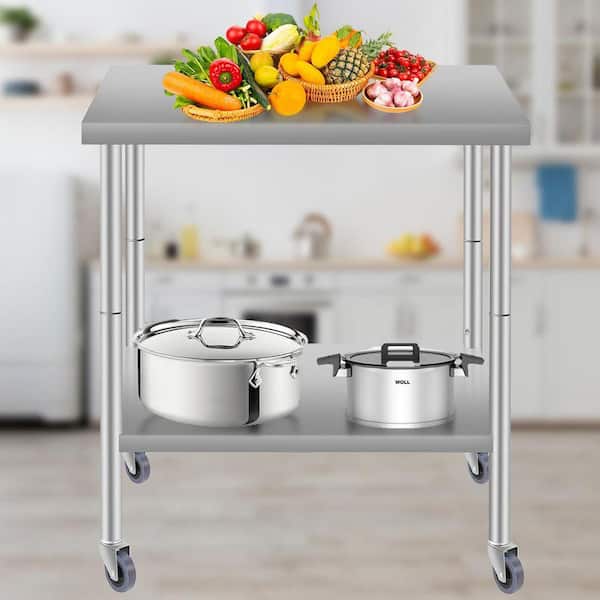 36''x24'' Commercial Work Table, Stainless Steel Kitchen Prep Table with Under Shelf & Wheels for Restaurant in Silver