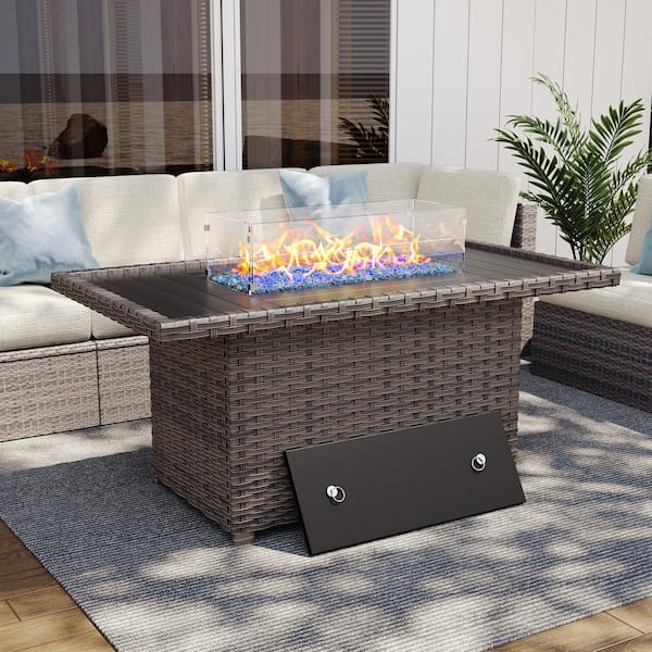 Uixe 26 in. H Brown Rectangle Engineered Rattan Outdoor Fire Pit Table with Glass Wind Guard