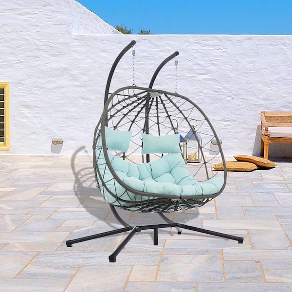 Unbranded 2-Person Wicker Porch Swing Egg Chair with Stand and Blue Cushion