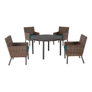 Fernlake 5-Piece Brown Wicker Outdoor Patio Dining Set with CushionGuard Malachite Green Cushions