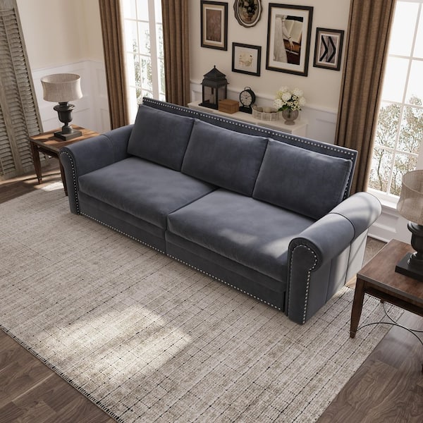 3-in-1 Convertible 94 in. W Gray Velvet King Sleeper Sofa Bed with 3-Pillowsfor Living Room and Bedroom