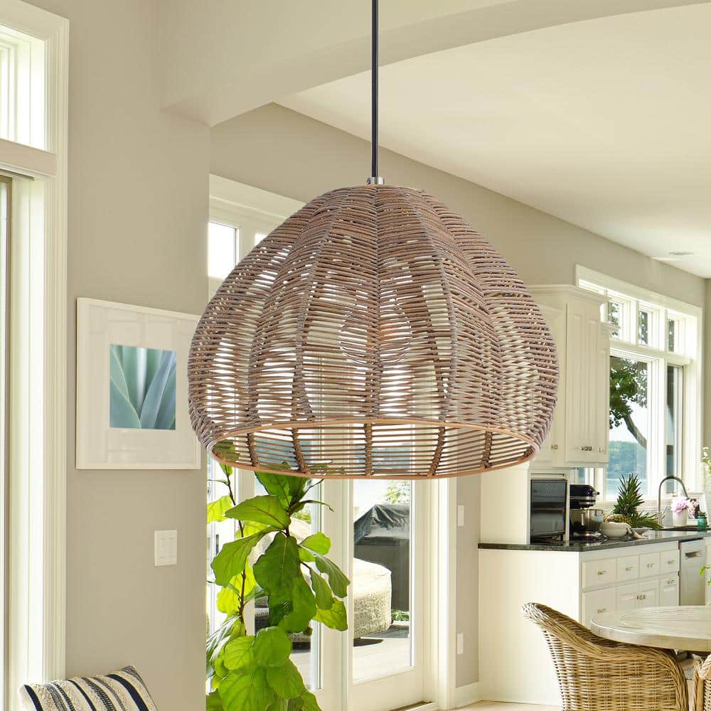 Gloriana 12.75" Woven Rattan Tulip-Shade Pendant Light in Brown