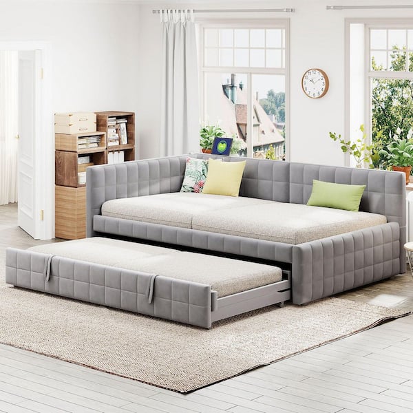 Gray Full Size Upholstered L-Shaped Upholstered Daybed with Trundle and USB Ports