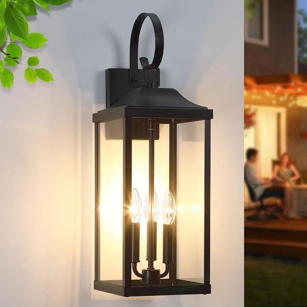 pasentel 23.9 in. 3-Light Black Large Outdoor Wall Lantern Sconce Light