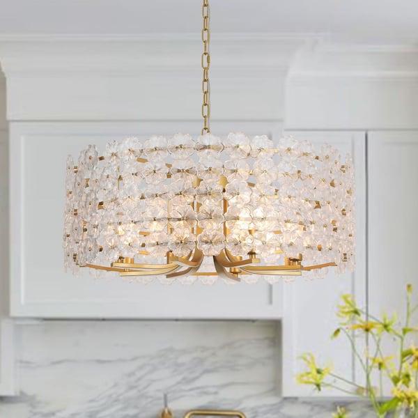 Ccrystal 8-Light 25.6 in.W Gold Modern Round Drum Flower Crystal Chandelier for Living Room