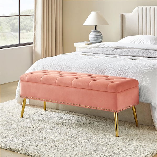 JAYDEN CREATION Hippolytus Classic Pink 45.5 in. Polyester Button-Tufted Storage Bedroom Bench with Nailhead Trim