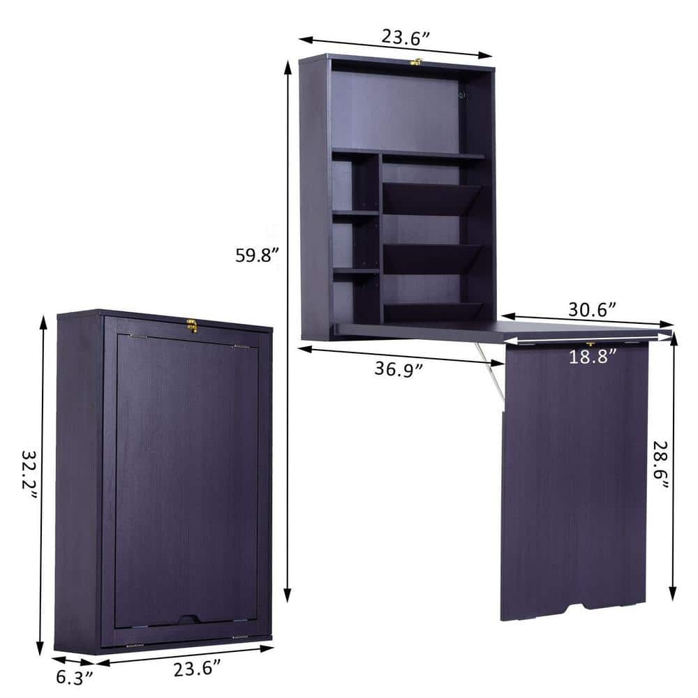 Espresso Brown Foldable Wall Mounted Writing Desk with Storage