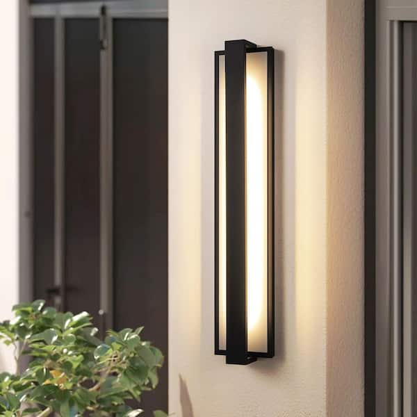 Rennnsan Agnes 24 in. Matte Black with White Sleek Rectangular Waterproof 3000K LED Hardwired Cylinder Outdoor Wall Sconce