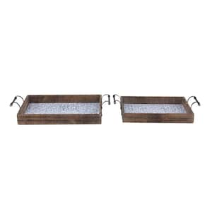 Brown Wood Decorative Tray with Tile Patterns (Set of 2)