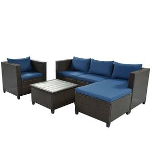 5 -Piece Blue and Brown Wicker Patio Outdoor Sectional Sofa Set with Coffee Table and Cushions