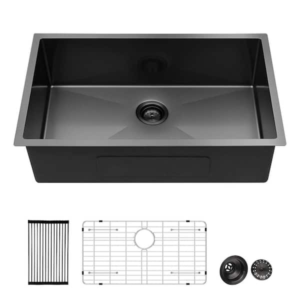 30 in. Drop-In/Undermount Single Bowl 16 Gauge Gunmetal Black Stainless Steel Kitchen Sink with Grid and Drain